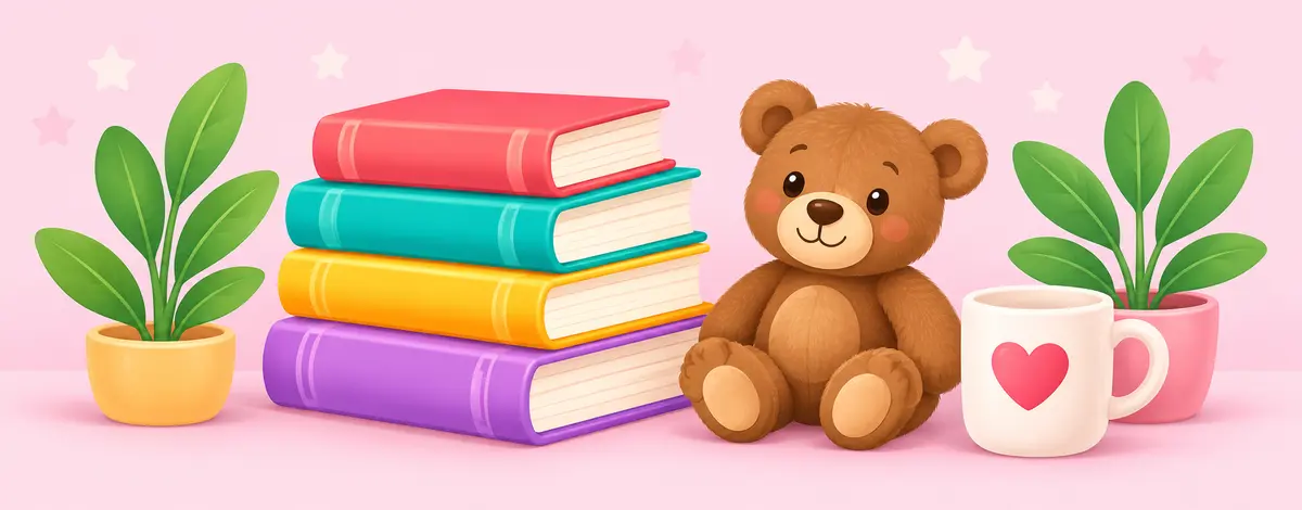 Детские книги, медвежонок и чашка с сердцем