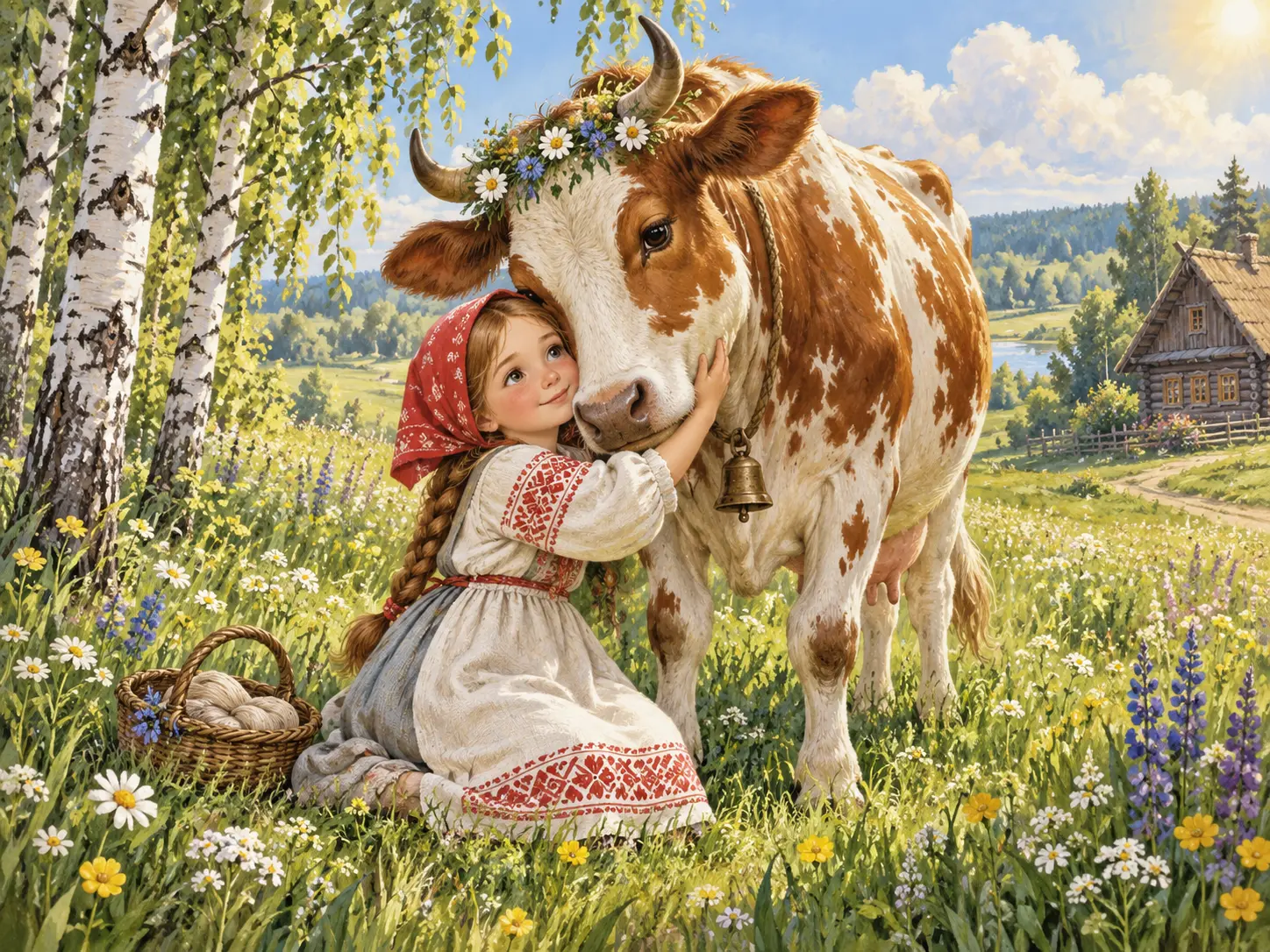 Крошечка-Хаврошечка обнимает любимую пёструю корову на солнечном лугу