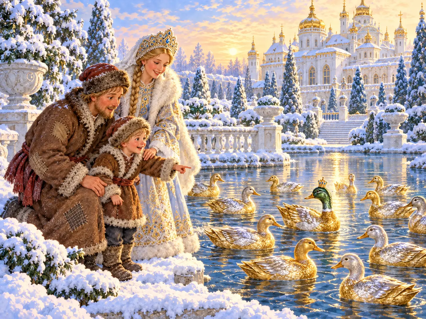 Мужичок, царевна и их сын смотрят на золотых и серебряных уток у волшебного дворца.