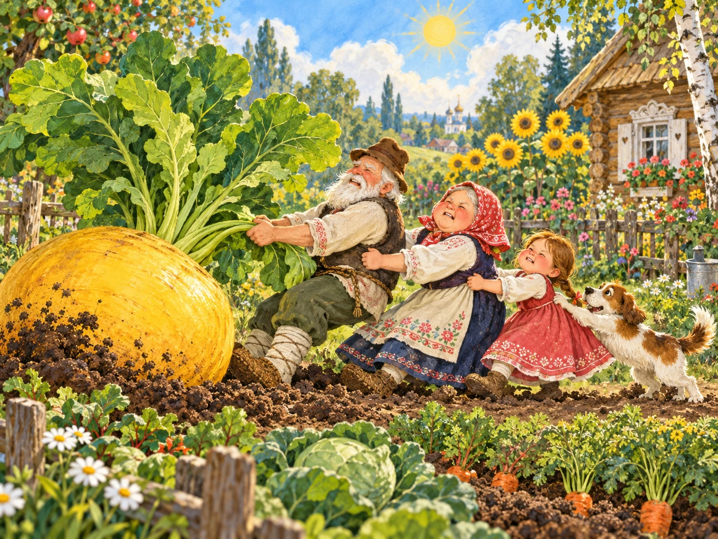 Дед, бабка, внучка и Жучка тянут огромную репку из земли.