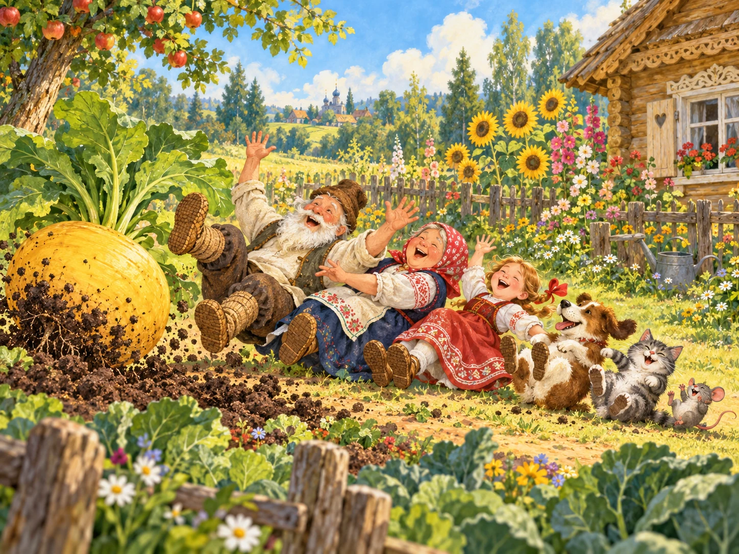 Дед, бабка, внучка, Жучка, кошка и мышка вытащили большую репку.