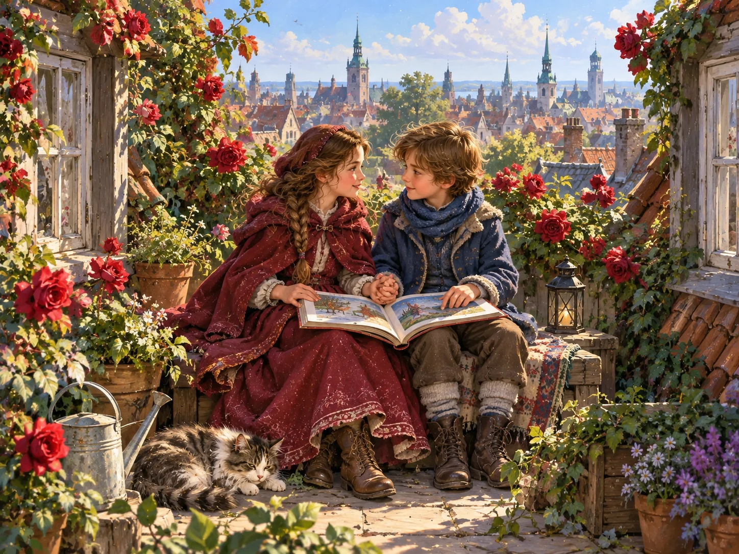Кай и Герда вместе читают книгу среди роз в садике на крыше.