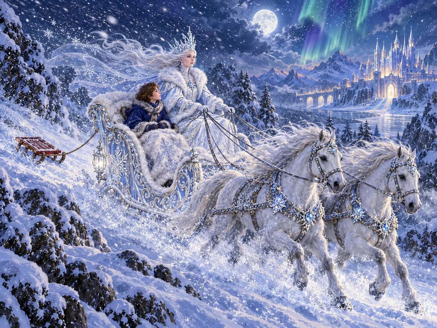 Снежная королева увозит Кая в белых санях сквозь зимнюю бурю.
