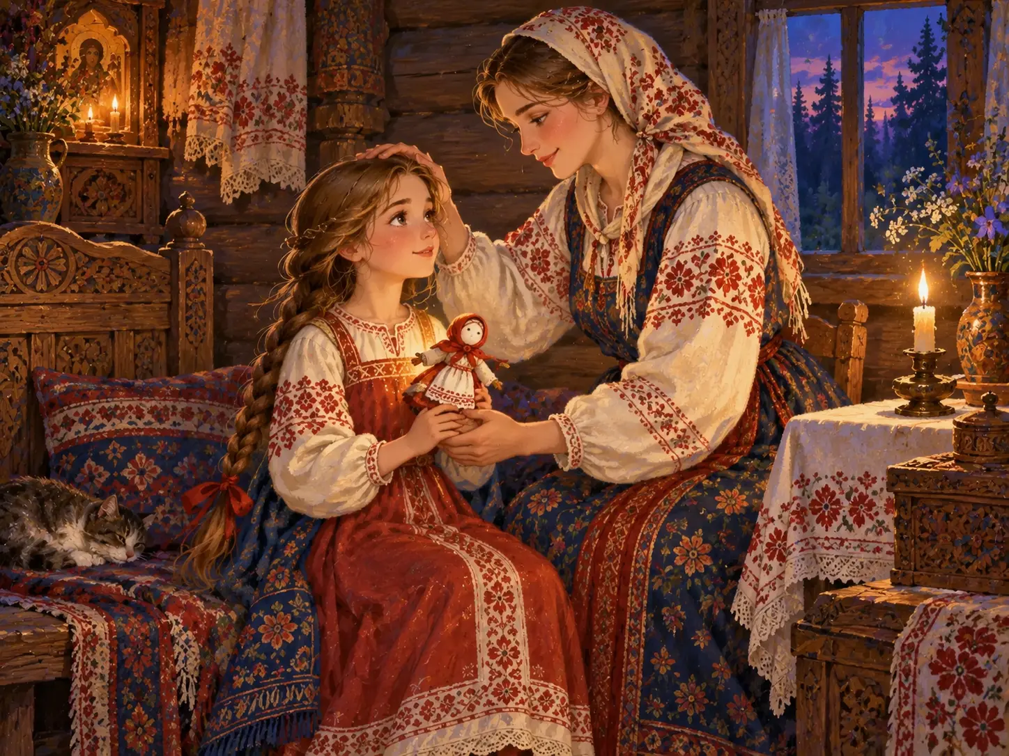 Мать в тёплой резной горнице передаёт маленькой Василисе заветную куколку.